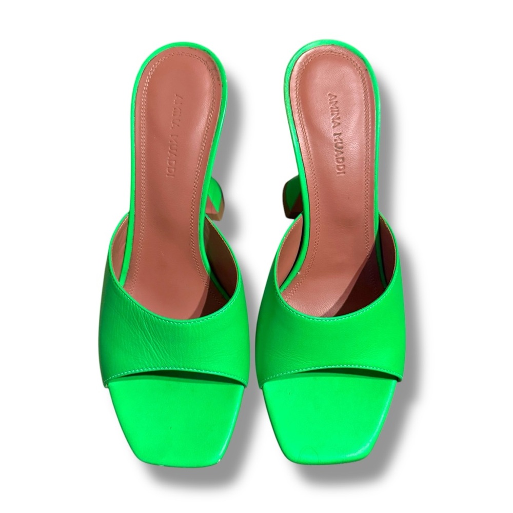 Amina Muaddi‎ Lupita Bright Green Slipper Mule Heels Sz 37 EU 7 US Made in Italy - Picture 2 of 11